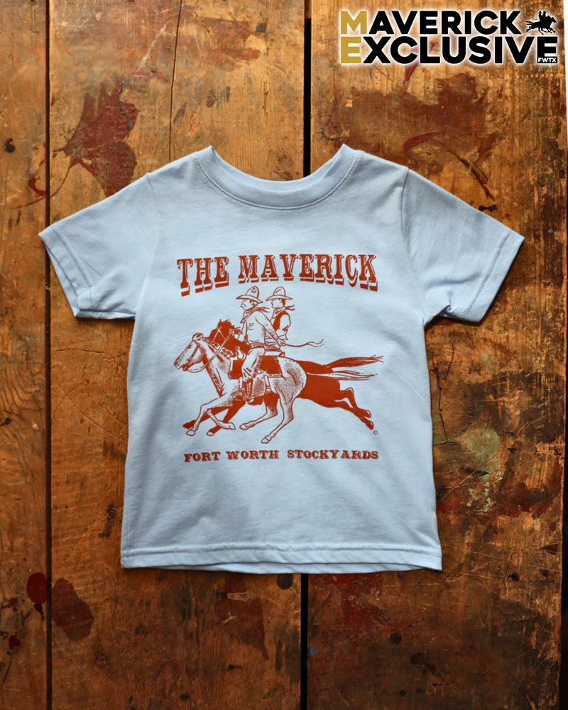 Children's t-shirt with 'The Maverick' graphic design on a wooden surface, featuring the brand 'Maverick Exclusive'.