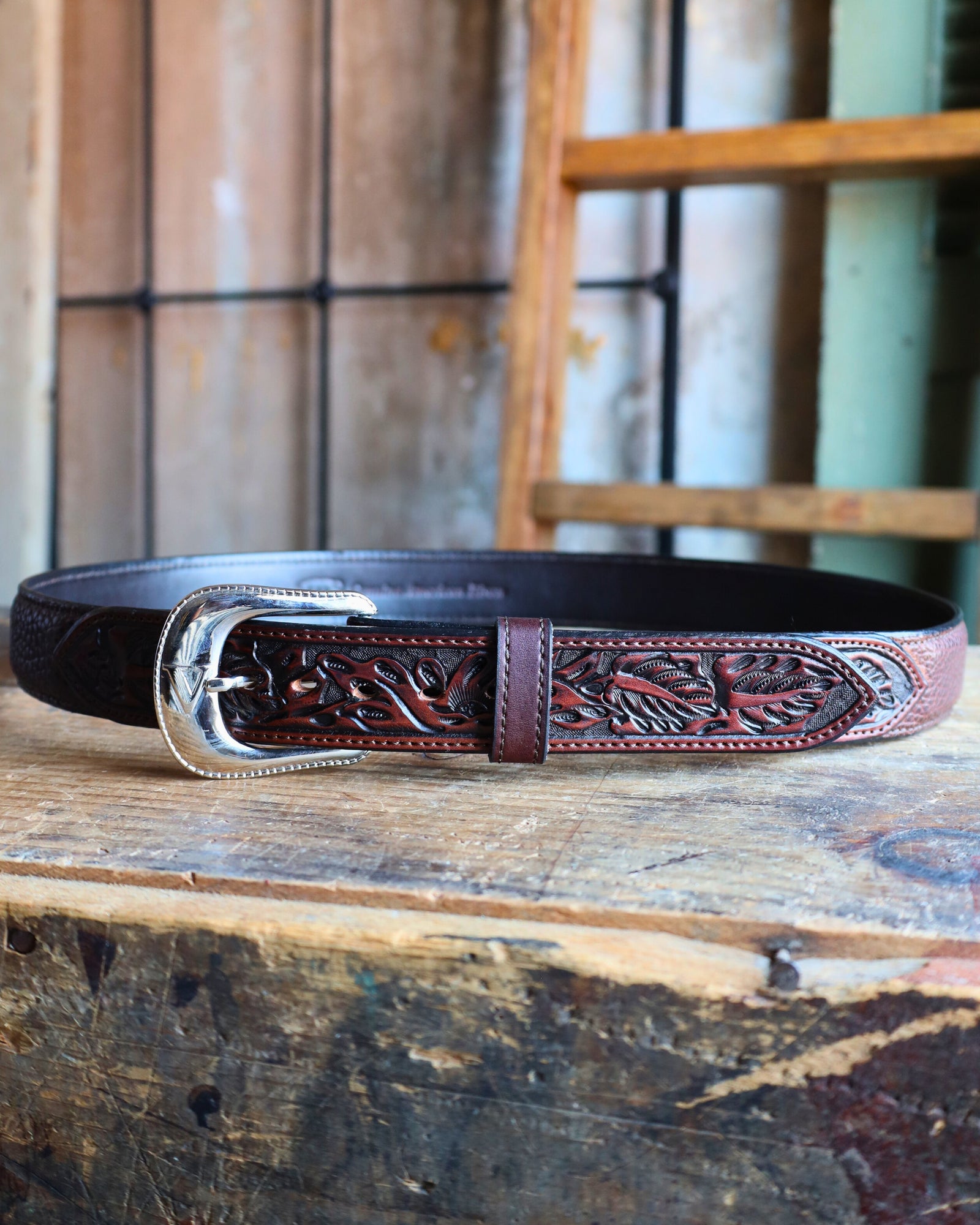 Tooled Leather Belt Ornate Brass Agate Stone Buckle Accent Western PNK BLUZ Western Tooled Square-Buckle Leather Belt - Black | Olderbest main image 2
