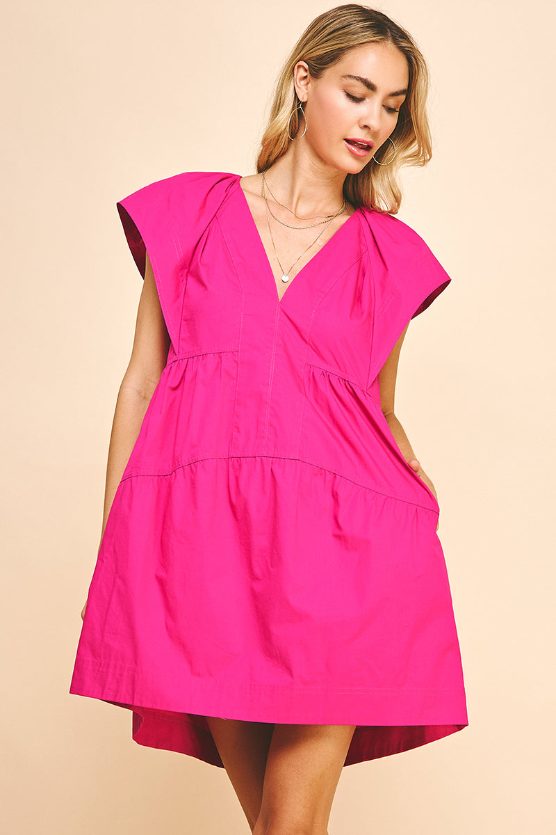 Pink sleeveless hot pink mini dress with v-neck