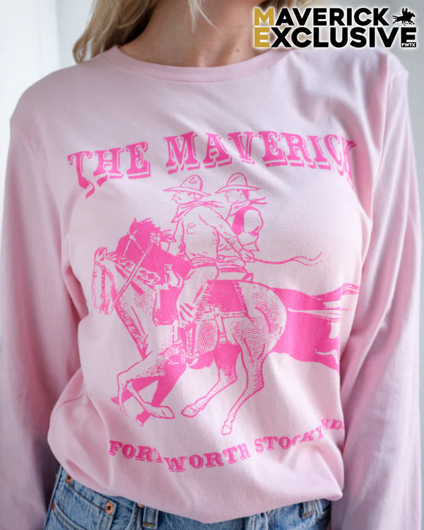 Pink long-sleeve shirt with 'The Maverick' graphic and text, featuring a cowboy on a horse.