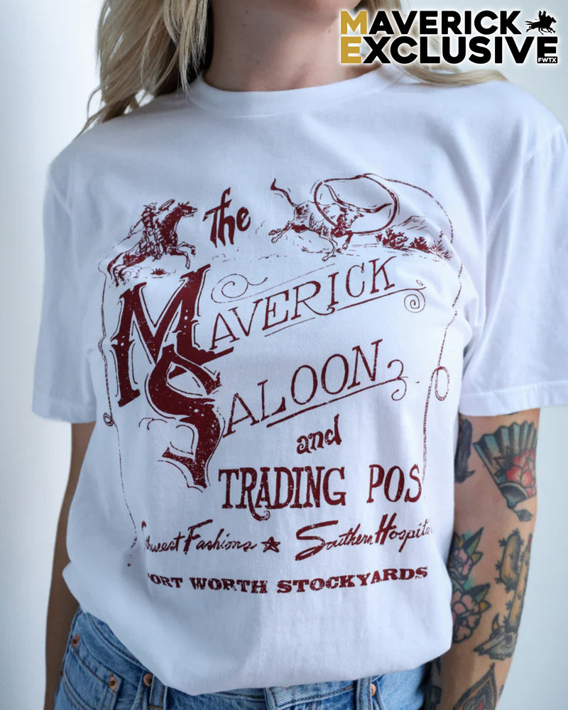 White t-shirt with red graphic design and 'Maverick Exclusive' branding