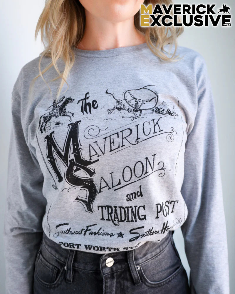 Gray long-sleeve shirt with 'The Maverick Saloon' design and 'Maverick Exclusive' branding.