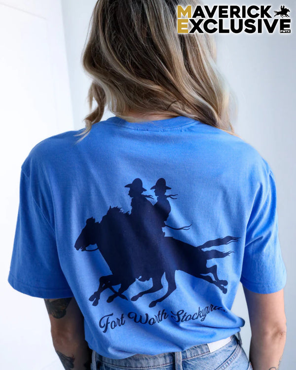 Person wearing a blue t-shirt with a graphic design and 'Maverick Exclusive' branding.