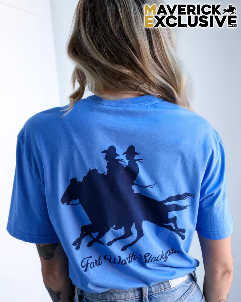 Person wearing a blue t-shirt with a graphic design and 'Maverick Exclusive' branding.