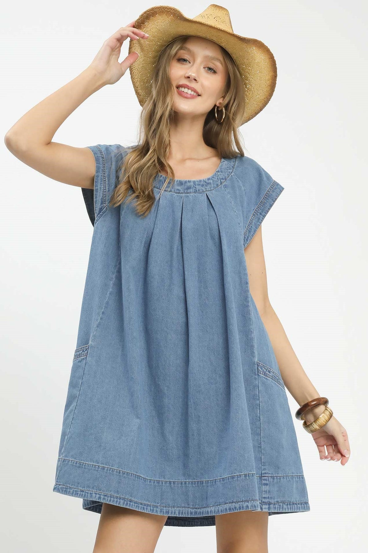 umgee denim dress Chambray Collared Puff Sleeve / M 25 Polyester Umgee Women's Smocked Front Yoke