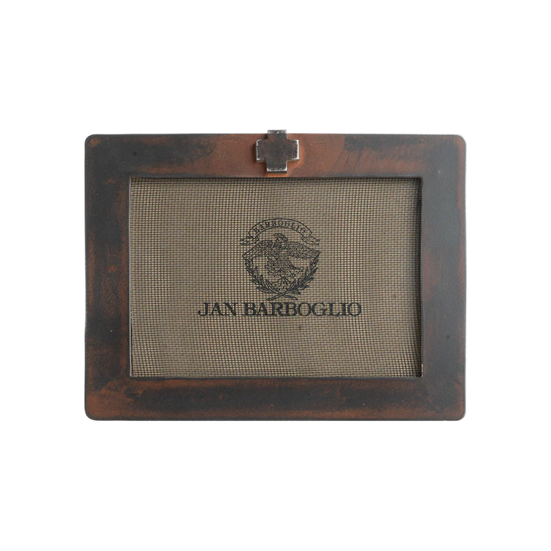 Wooden picture frame with 'Jan Barboglio' branding on a white background