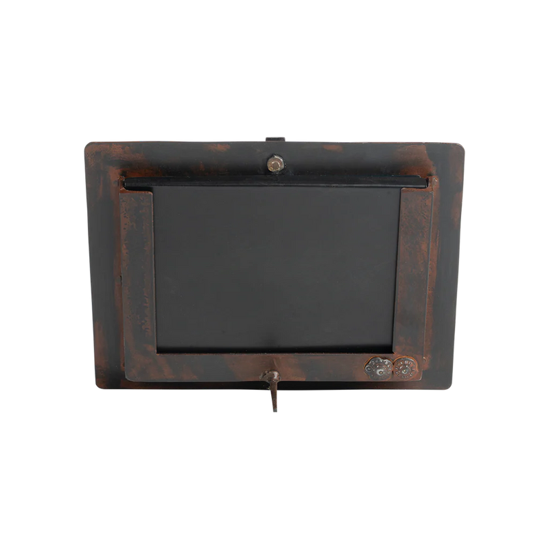 Rectangular metal box with a dark glass front on a white background
