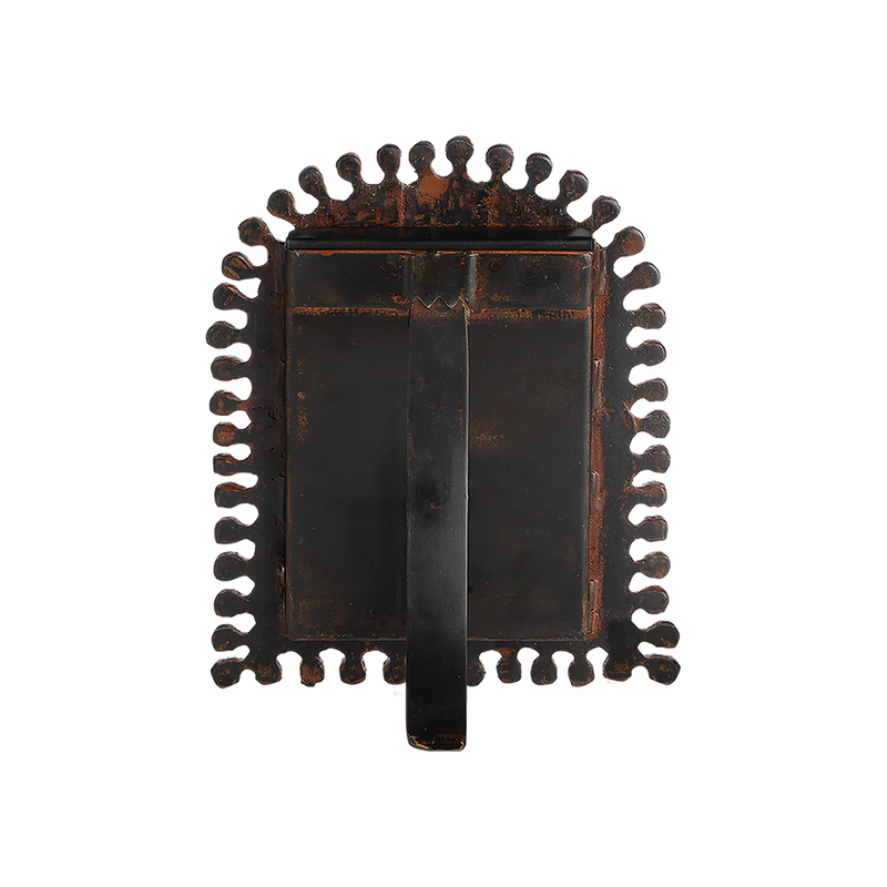 Decorative black metal wall mirror with intricate designs on a white background