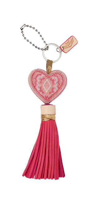 BEADED HEART KEYCHAIN CHARM WITH PINK TASSEL ON THE BOTTOM