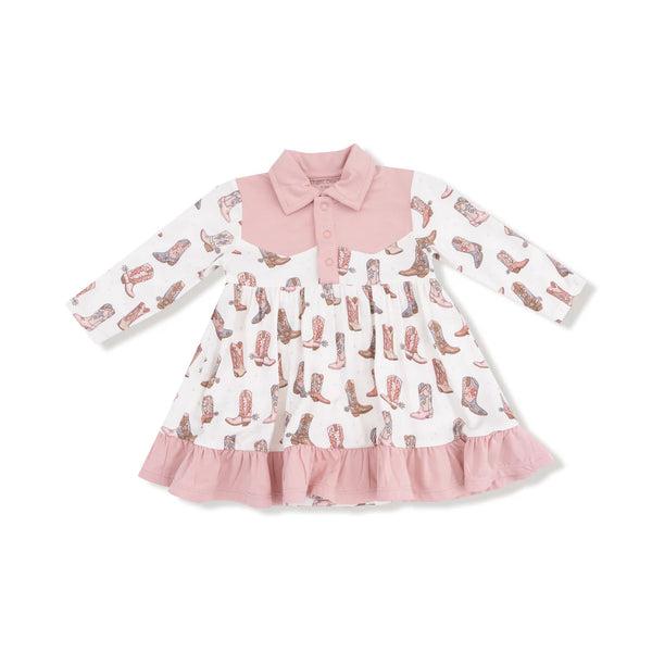 Children's dress with cowboy boot pattern and pink collar on a white background