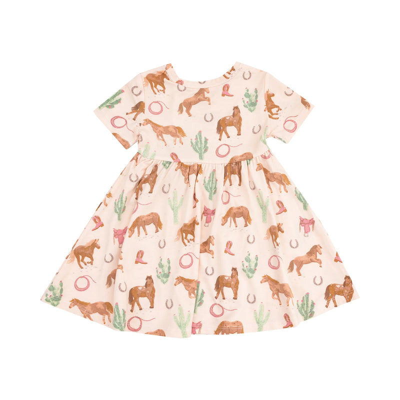 Angel Dear Short Sleeve Twirly Dress - Western Horses Pink