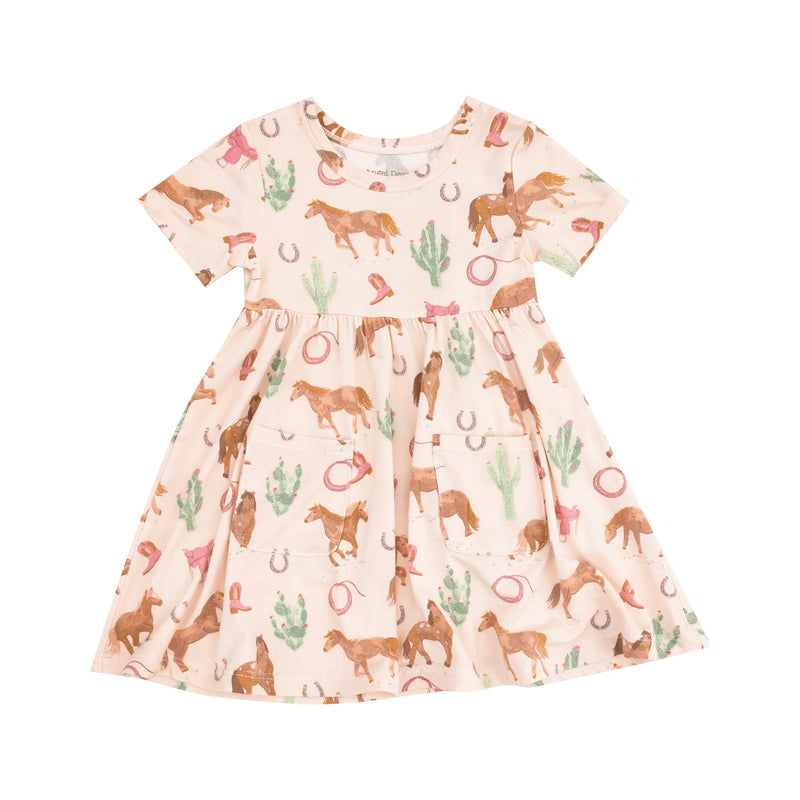 Angel Dear Short Sleeve Twirly Dress - Western Horses Pink