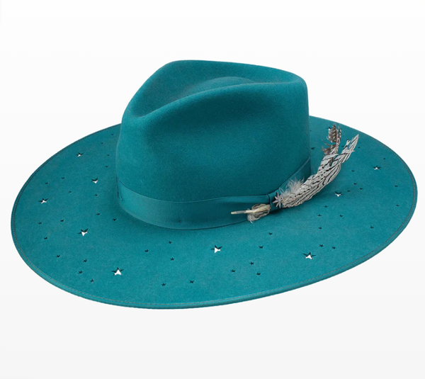 Teal flat brim hat with star cutouts in the crim