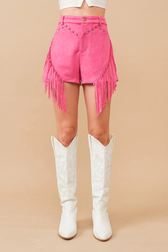 BLUE B Suede Chevron Stud Slanted Fringe Western Shorts