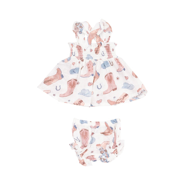Angel Dear Ruffle Strap Smocked Top and Diaper Cover - Cowboy Boots Pink