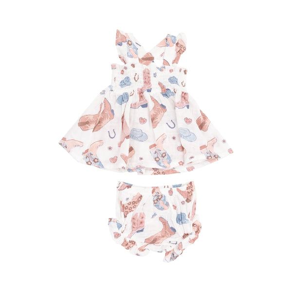 Angel Dear Ruffle Strap Smocked Top and Diaper Cover - Cowboy Boots Pink