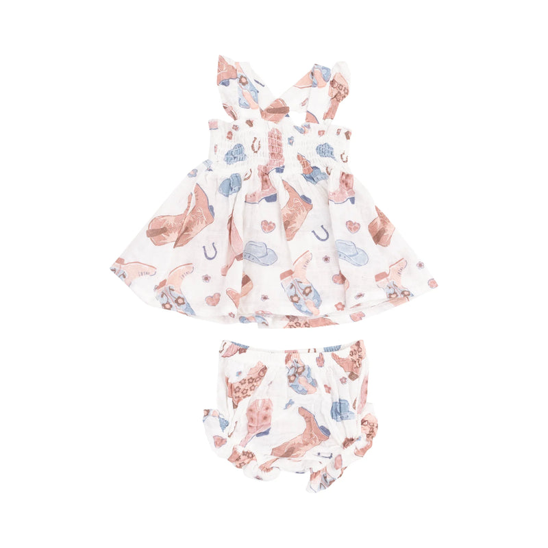 Angel Dear Ruffle Strap Smocked Top and Diaper Cover - Cowboy Boots Pink