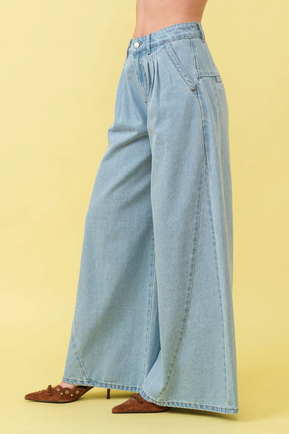 BLUE B Garment Washed Mid Rise Wide Leg Denim Jeans