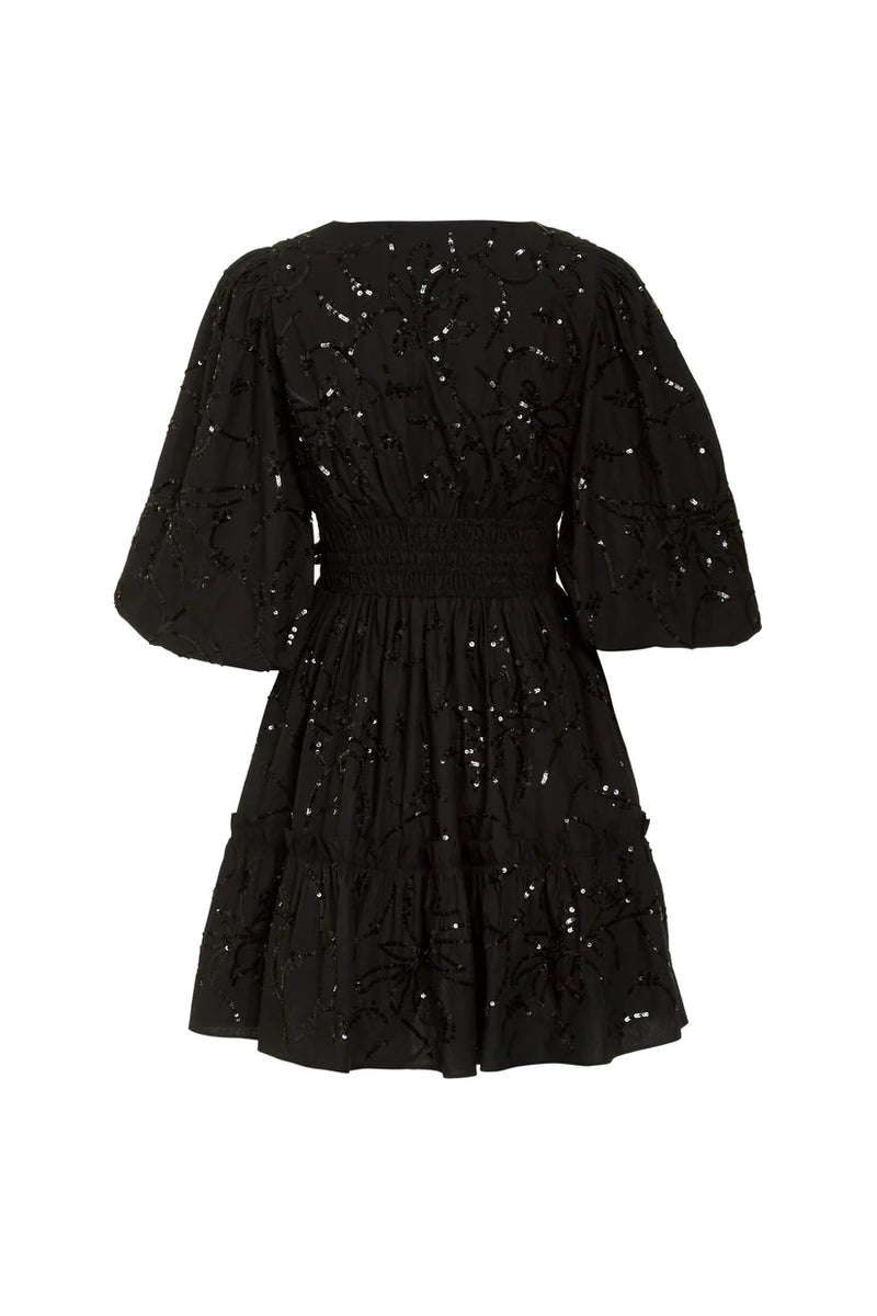 Black dress with flattering 'V' neckline, hand embroidered sequins and pockets