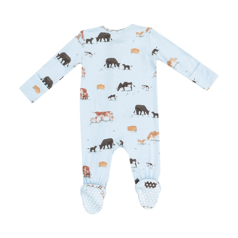 Dear John 2 Way Zipper Footie - Cow Families Blue