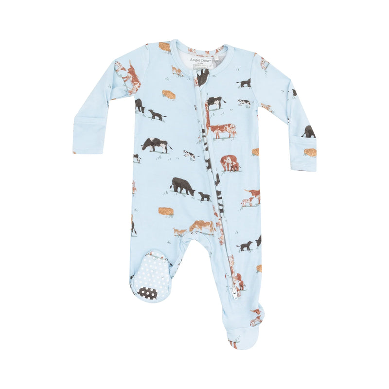 Dear John 2 Way Zipper Footie - Cow Families Blue