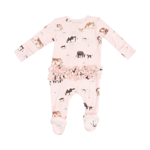 Angel Dear 2 Way Zipper Ruffle Back Footie - Cow Families Pink