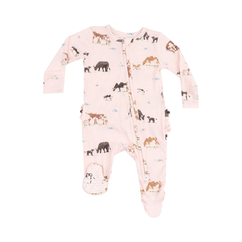 Angel Dear 2 Way Zipper Ruffle Back Footie - Cow Families Pink