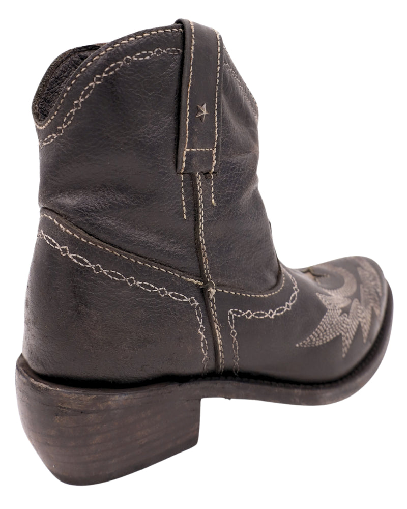 Black round toe bootie with star inlay and star studs on the side with zipper on the inside of the boot