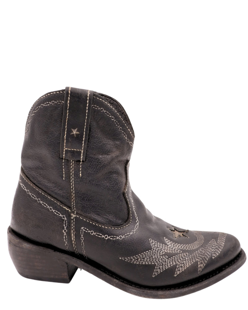 Black round toe bootie with star inlay and star studs on the side with zipper on the inside of the boot