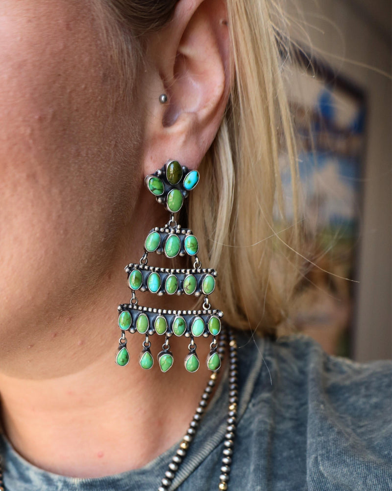 SUNWEST SILVER GREEN AND BLUE TURQUOISE CHANDELIER EARRING