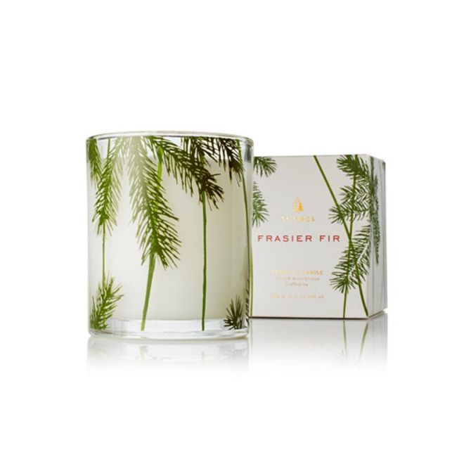 Fragranced candle with 'Frasier Fir' packaging on a white background
