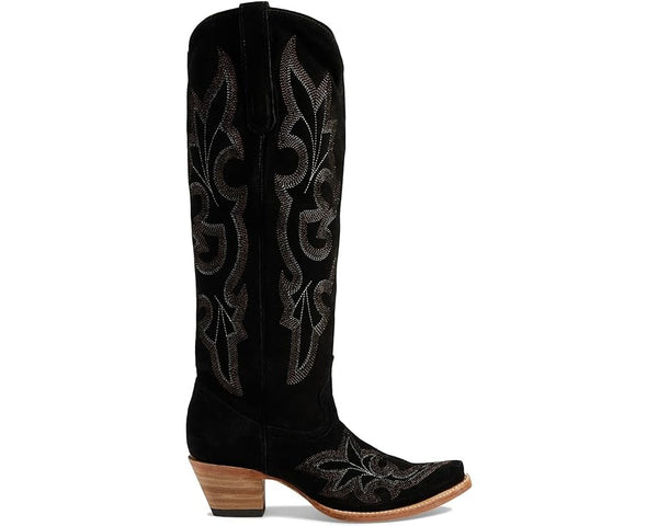 Women's tall top black suede boot with snip toe and zipper on the inside of the shaft