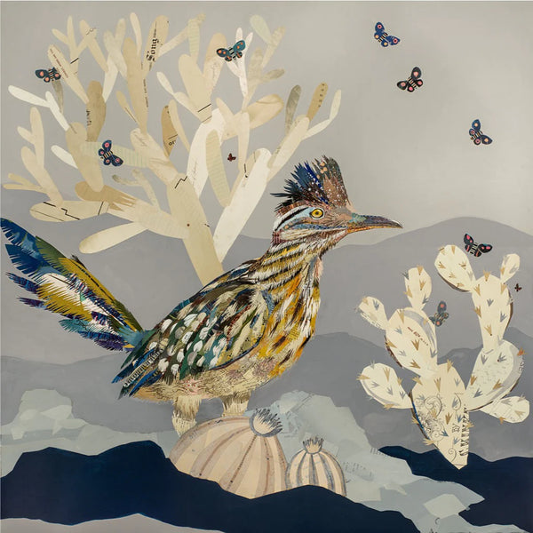 Archival print of the original Indigo Morning roadrunner and cactus paper collage artwork. Contemporary Southwest art featuring quintessential desert bird. Fine art print available framed or unframed in size 16 x 16 or larger