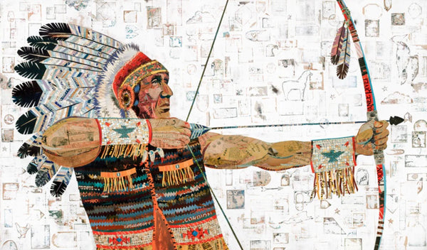 A special limited edition art print series of the original Battle paper collage. Collage print of Native American holding bow and arrow with intricate, colorful background