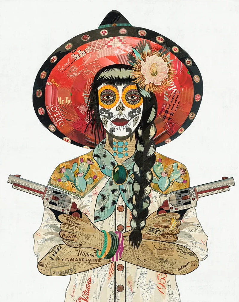 Image of cowgirl holding two pistols with red sombrero hat and sugar skull face