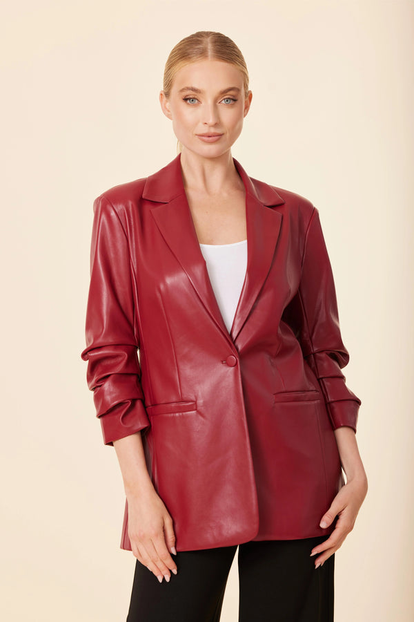 Dolce Cabo Faux Leather Ruched Sleeve Blazer