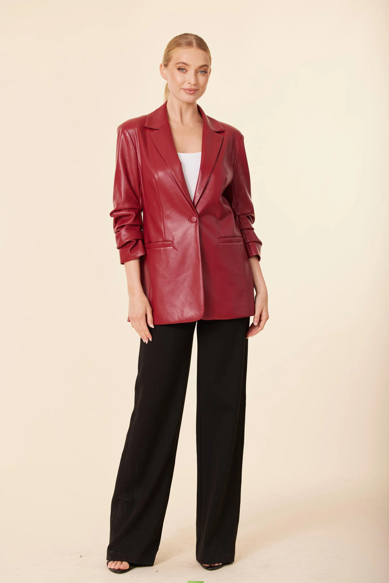 Dolce Cabo Faux Leather Ruched Sleeve Blazer