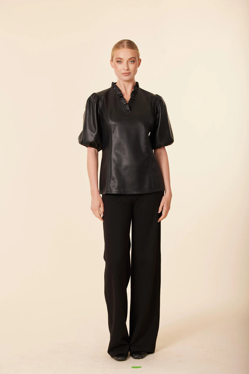 Dolce Cabo Faux Leather Ruffle Neck Top