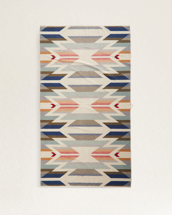 Aztec spa towel in white, navy, brown, red, orange and yellow colorway