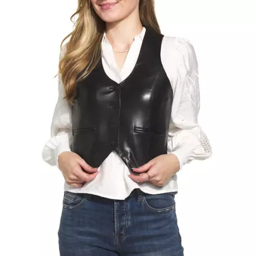 Faux leather and a button closure black vest