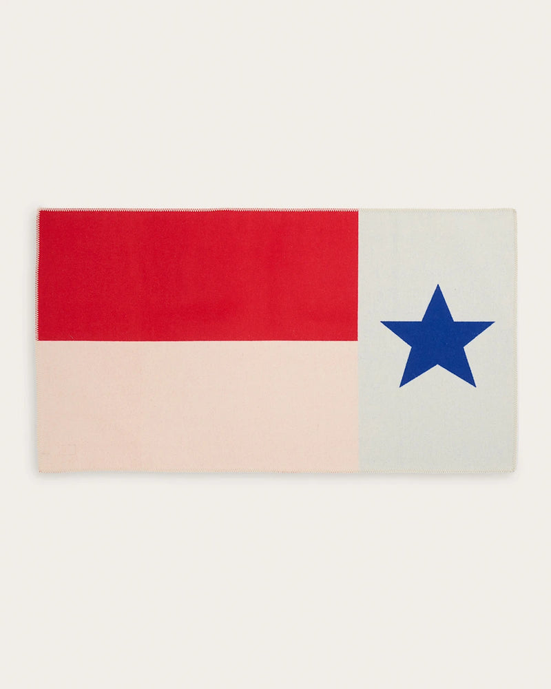Rectangular flag with red, beige, and blue star on a white background