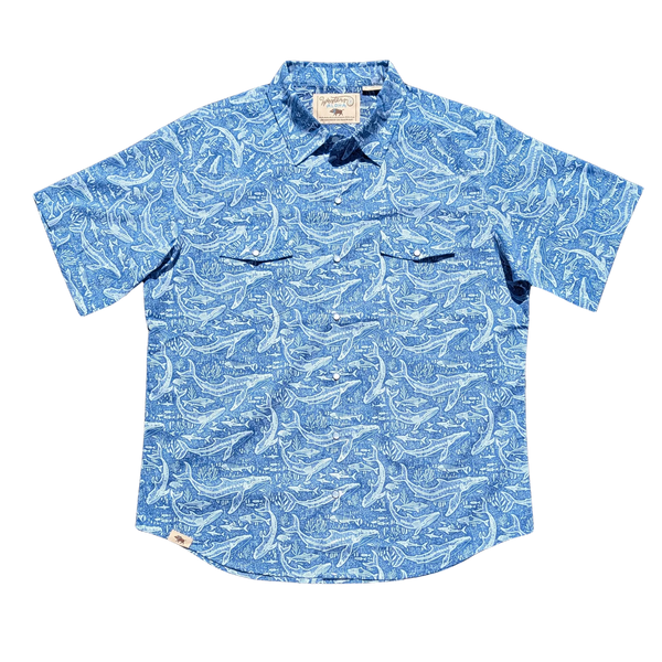 Blue patterned shirt with black accents on a white background