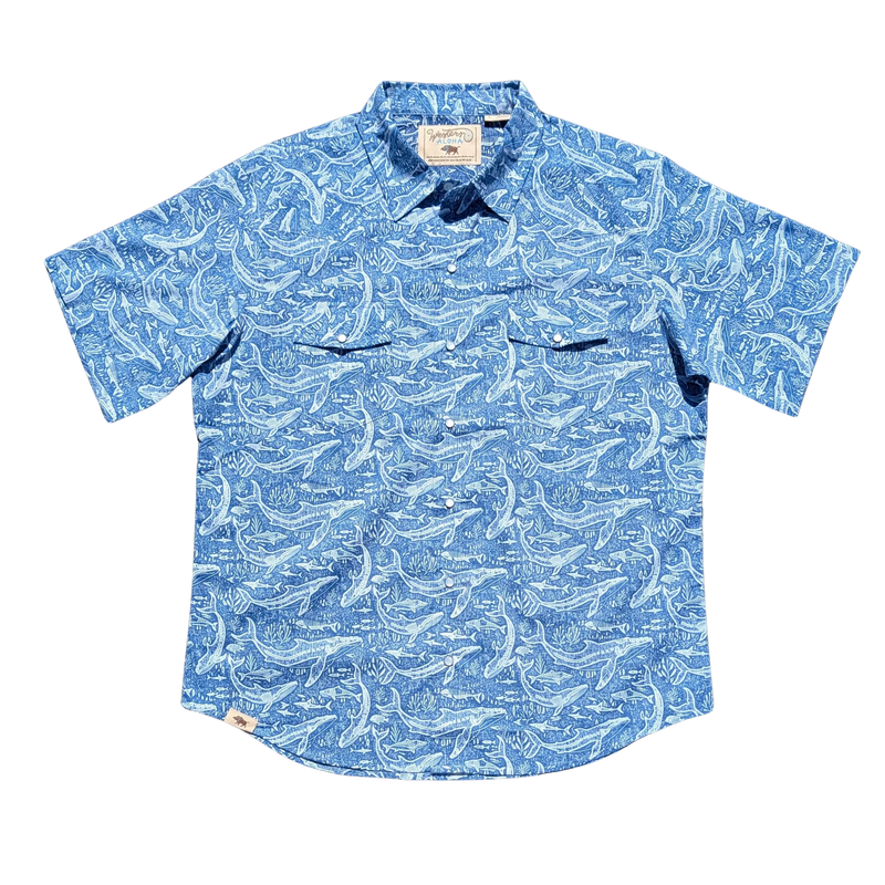 Blue patterned shirt with black accents on a white background