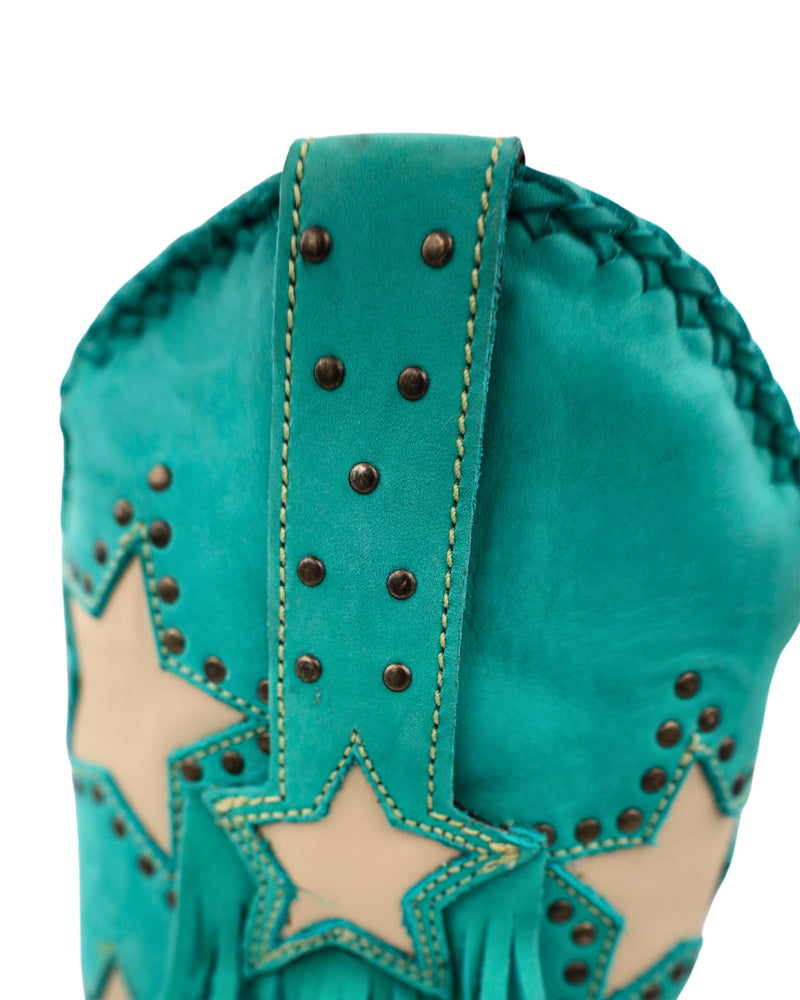 LIBERTY BLACK CLAIRE NUBUCK GREASE TURQUOISE BOOT, shaft opening strap detail
