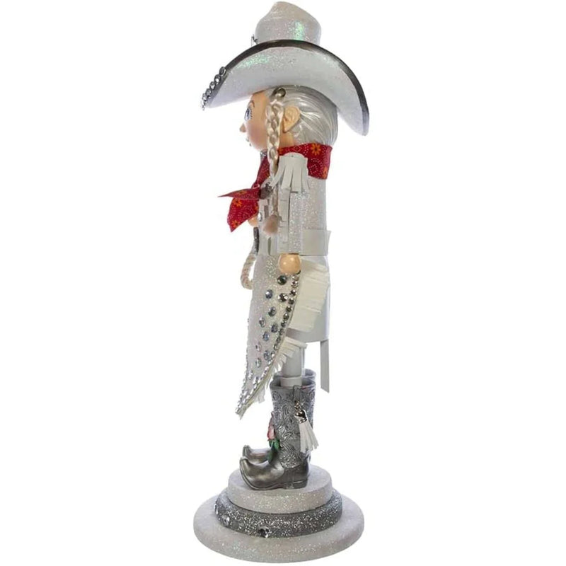 RHINESTONE COWGIRL NUTCRACKER WITH LASSO IN HAND, COWBOY HAT ON HEAD AND RHINESTONE EMBELLISHMENTS THOUGHOUT 