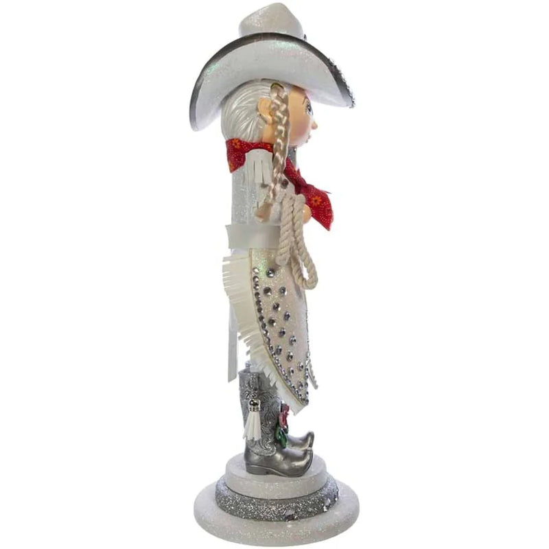 RHINESTONE COWGIRL NUTCRACKER WITH LASSO IN HAND, COWBOY HAT ON HEAD AND RHINESTONE EMBELLISHMENTS THOUGHOUT 