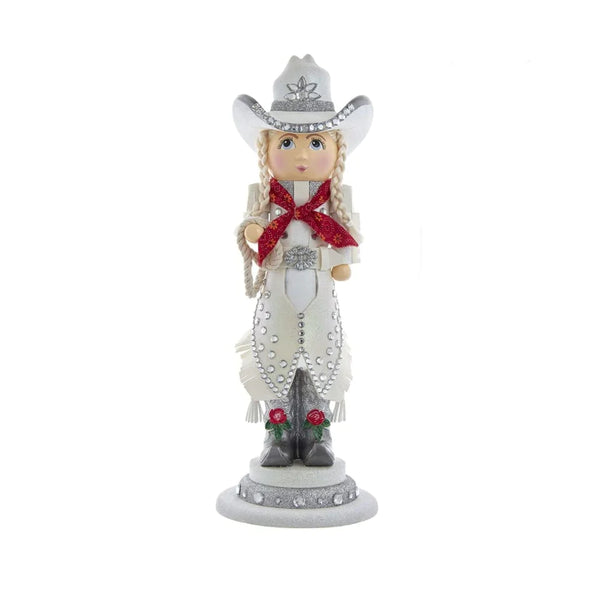 RHINESTONE COWGIRL NUTCRACKER WITH LASSO IN HAND, COWBOY HAT ON HEAD AND RHINESTONE EMBELLISHMENTS THOUGHOUT 