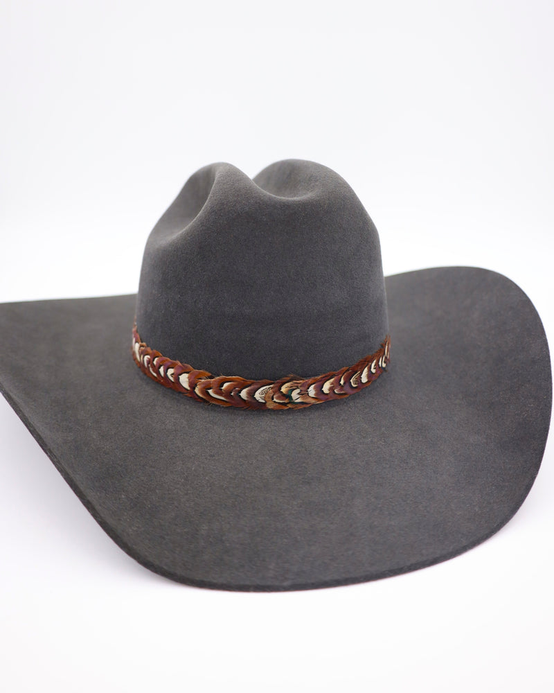 Pheasant feather hat band with leather ties in the back