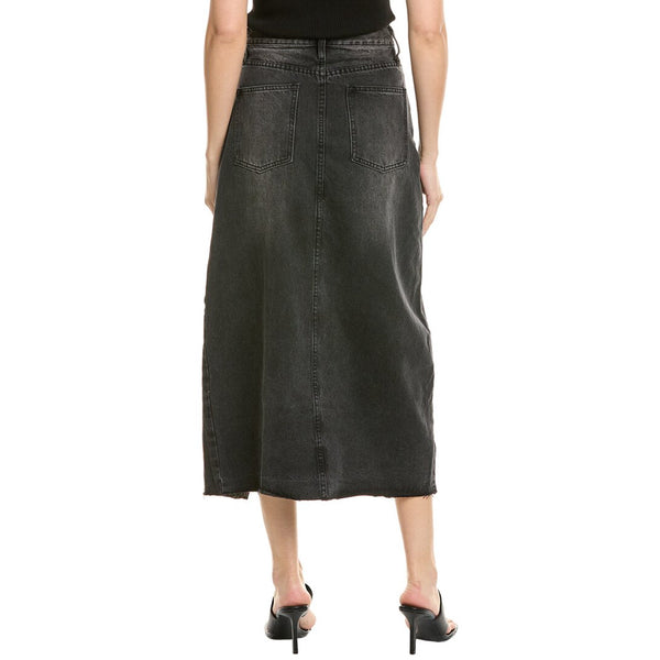 Person wearing a black denim skirt on a white background