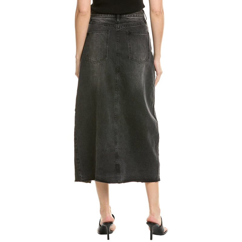 Person wearing a black denim skirt on a white background